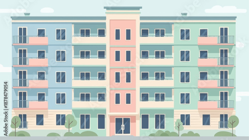 Colorful Apartment Building Facade with Balconies and Windows.