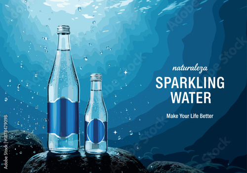 Refreshing sparkling water glass bottles on rocks underwater with bubbles and deep blue sea background for beverage branding