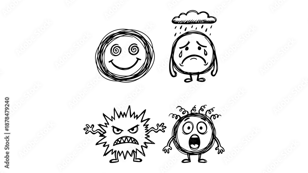 Obraz premium four cute drawn style characters one happy, one sad with clouds on the top and tears under eyes, one angry, and one amazed with funny curled hairs black and white illustration