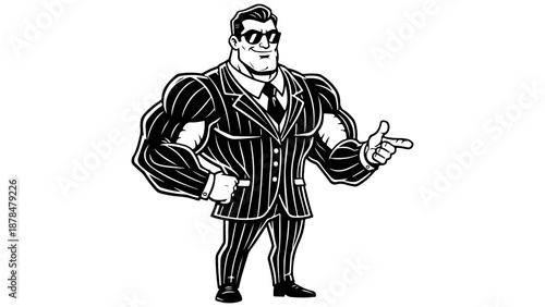 cool businessman with big muscles and sunglasses smiling with one finger pointing black and white shape illustration