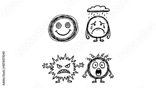 four cute drawn style characters one happy, one sad with clouds on the top and tears under eyes, one angry, and one amazed with funny curled hairs black and white illustration