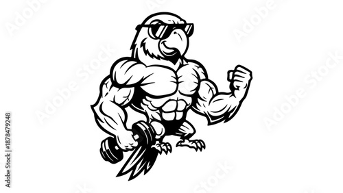 cool parrot with cool face expression and with big muscles with dumbbell in the right hand