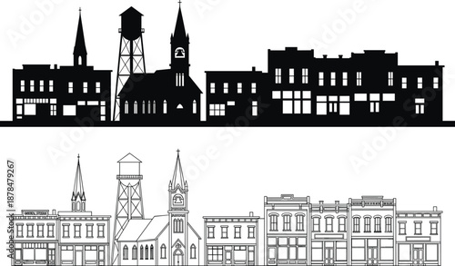 Small town main street skyline silhouettes with church water tower and historic storefront buildings black and white flat vector illustration