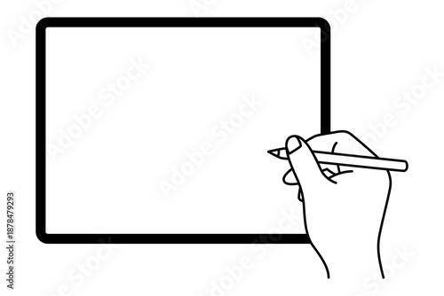 横向きのタブレットとタッチペンを持つ手
