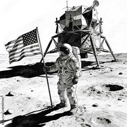 Lunar Frontier: A brave astronaut plants a nation's flag on the surface of the moon, standing tall before their spacecraft, a testament to humanity's ambition