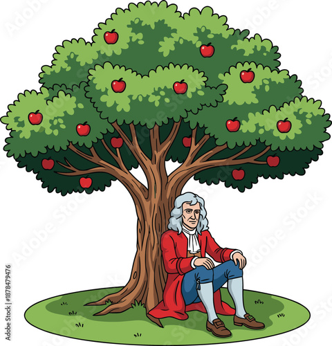 Sir Isaac Newton sitting under apple tree cartoon illustration representing gravity discovery science history and famous physicist concept isolated on white background