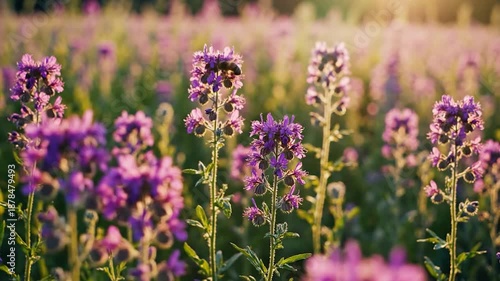 Bees pollinate vibrant purple flowers in a sun-drenched meadow at golden hour