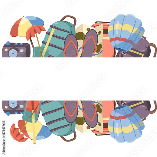 Vector banner with travel and copy space items. Suitcases and backpacks, hot air balloon and cocktail, map and camera.