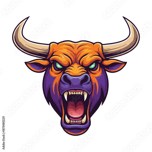 Fierce Bull Head Illustration with Open Mouth and Aggressive Expression, Symbolizing Power and Strength