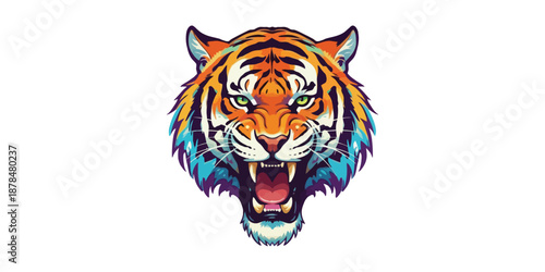 Roaring Tiger Head Illustration with Vibrant Stripes and Fierce Expression