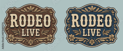 Rodeo Live belt buckle vector design featuring cowboy and cowgirl bull rider engravings, rustic decor style emblem, western details, and classic country illustration for apparel, awards, and branding.