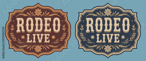 Rodeo Live belt buckle vector design featuring cowboy and cowgirl bull rider engravings, rustic decor style emblem, western details, and classic country illustration for apparel, awards, and branding.