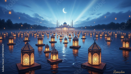 Serene nighttime scene with glowing lanterns on water mosque in background crescent moon shining brightly