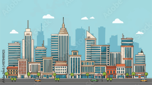 Modern Cityscape Skyline with Tall Buildings and Blue Sky.