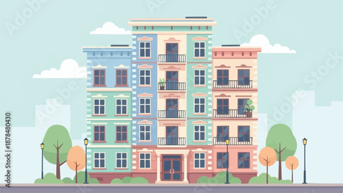 Colorful Apartment Buildings Facade With Trees and Sky.