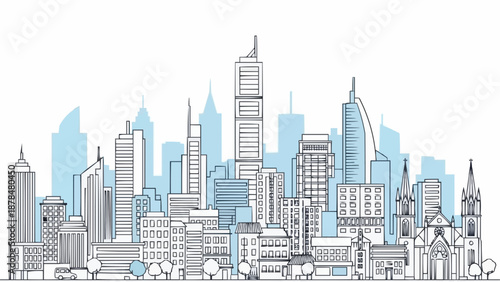 Modern City Skyline Doodle Art Illustration.