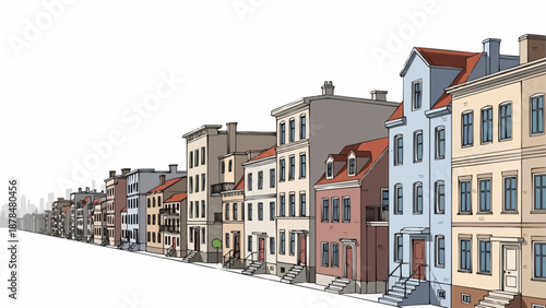 Row of historic townhouses on a street.