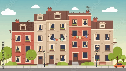 Row of colorful apartment buildings in a city street scene.