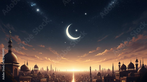 Islamic cityscape at dusk with crescent moon and stars mosques and minarets silhouetted against vibrant sunset sky