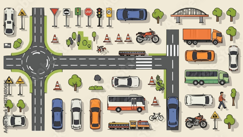 Collection of Transportation Elements and Road Infrastructure Icons.