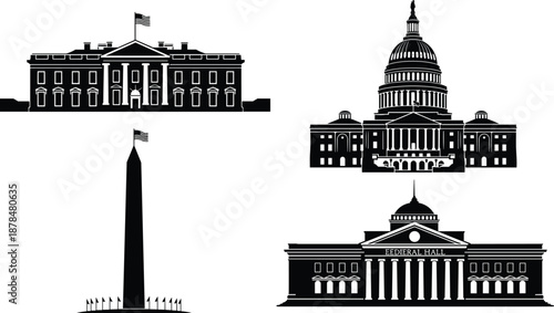 United States government landmarks silhouettes including White House Capitol Washington Monument and Federal Hall black and white flat vector illustration set