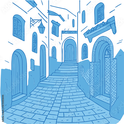 Print  Moroccan Blue City Streets with Traditional Tiles Vector Illustration isolated white background