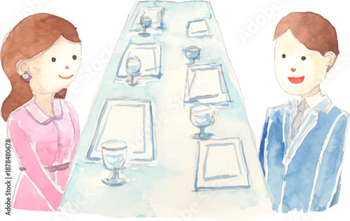 婚活パーティーで会話する男女のイラスト　ベクター