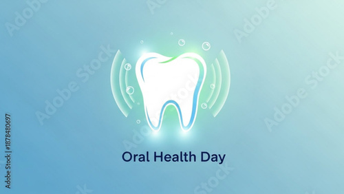Oral health day illustration with glowing tooth icon on blue gradient background for dental care promotion