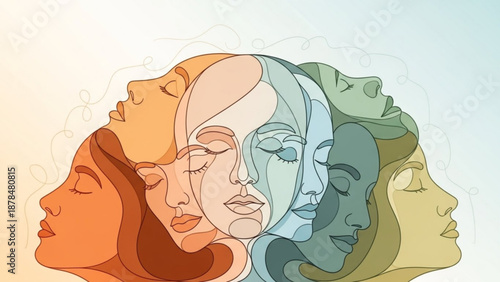 Diverse group of women's faces in profile multicultural illustration unity and diversity concept various skin tones and hairstyles abstract background