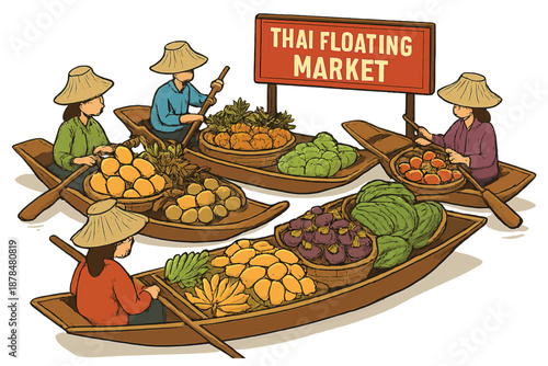  Thai Floating Market with Fruit-Filled Boats Vector Illustration isolated white background