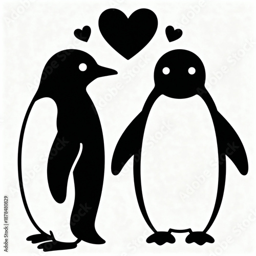 Love's Embrace: A heartwarming illustration of two penguins, each with a charming silhouette, celebrating love with a heart and the softest touch.