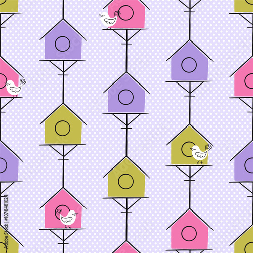 Spring Birdhouse in Vertical Stripes Vector Seamless Pattern