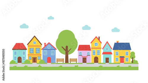 Colorful Flat Neighborhood Illustration with Cute Houses and Trees