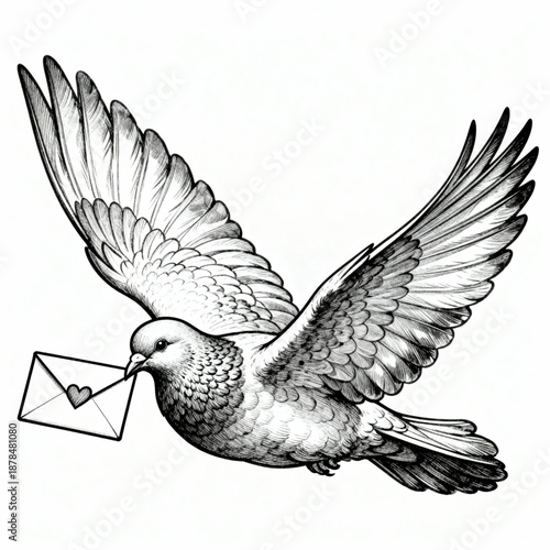 Messenger Dove of Love: A dove soars gracefully, carrying a heartfelt message of love in its beak, against a backdrop of the sky. 