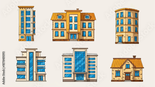 Collection of Diverse Building Facades Architectural Styles.