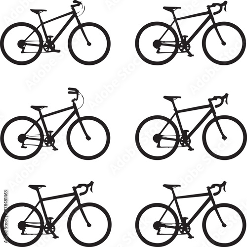 bicycle silhouettes in various positions and angles side views  six black bike icons