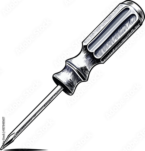 Screwdriver illustration, hand-drawn vector engraving style, single object, classic mechanic