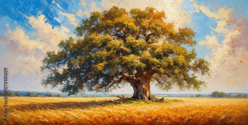 Landscape, Endless wheat field, Blue sky, Massive Old Oak tree