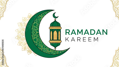 Elegant graphic illustration for Ramadan Kareem celebration with crescent moon and traditional lantern, symbolizing the Islamic holy month and festive greetings