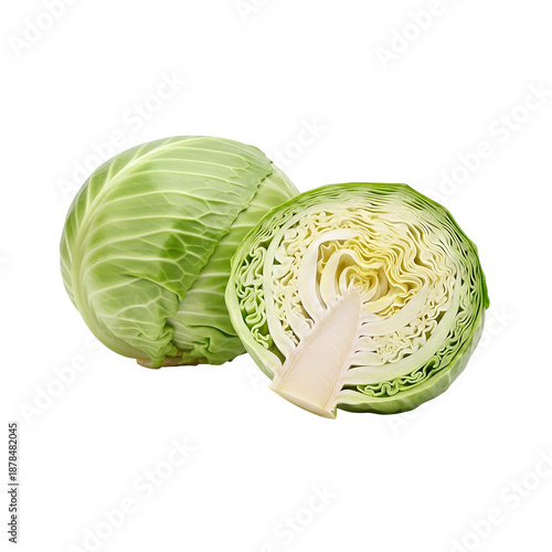 Fresh Green Cabbage Whole and Half Isolated on White Generative AI