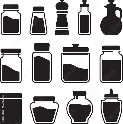 black and white illustration of various kitchen jars and containers for food storage and seasoning
