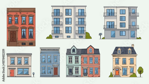 Collection of Diverse Residential Building Facades Illustration.