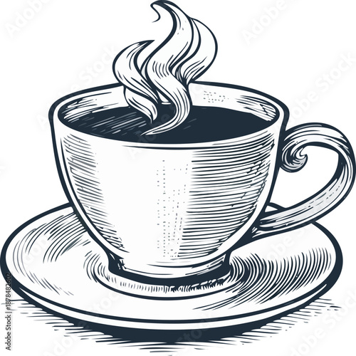 Coffee cup illustration, hand-drawn vector engraving style, single object, vintage coffee