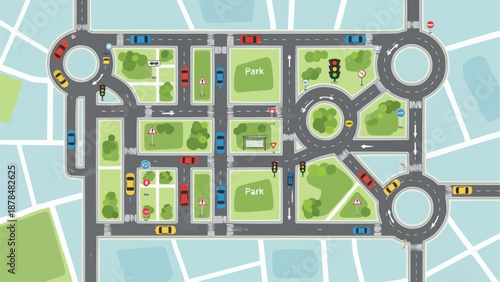 City Traffic Intersection with Roundabouts and Roads.