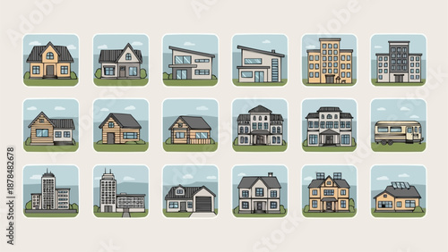 Collection of Diverse Residential and Commercial Buildings Icons.