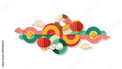 Stylized Chinese New Year decoration artfully combines traditional red lanterns and auspicious cloud motifs with modern geometric shapes, presented in a paper-cut style on a clean white background.