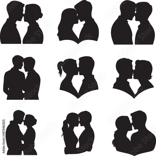 black silhouettes of couples kissing and hugging each other