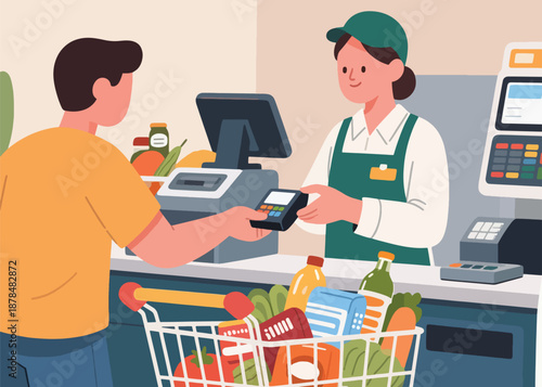 People Paying at Supermarket Cashier Illustrator Artwork Creative Design Template 