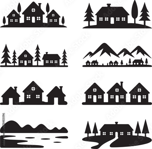 black silhouettes of houses and trees on white background