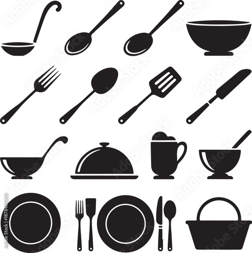 black silhouettes of kitchen utensils and dishes on white background